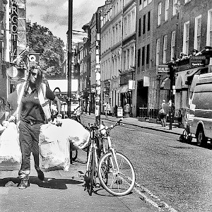Refuse Disposal in Greek Street, Soho. This started life as a bigger shot from the hip street picture, and had a lot of editing.